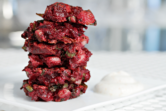 IMG_3157 Roasted beet latkes with scallion and cayenne crème fraîche Roasted beet latkes with scallion and cayenne crème fraîche