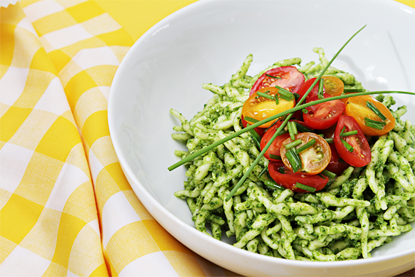 Food and Style - Trofie with arugula pesto and flash-sautéed cherry tomatoes with garlic scapes