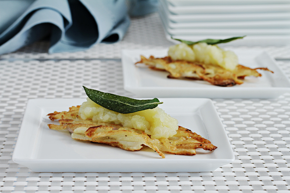 Potato latkes with apple confit and crispy sage