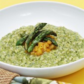 Spring risotto with asparagus pesto and roasted yellow peppers