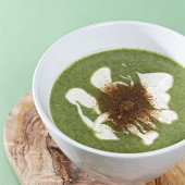 Nettle soup with buttermilk, Meyer lemon crème fraîche and Sichuan peppers