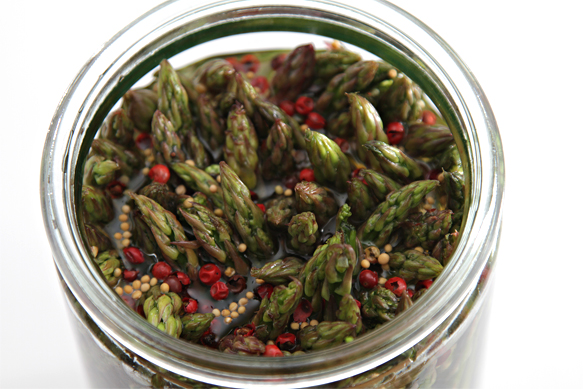Pickled asparagus with pink peppercorn and mustard seeds